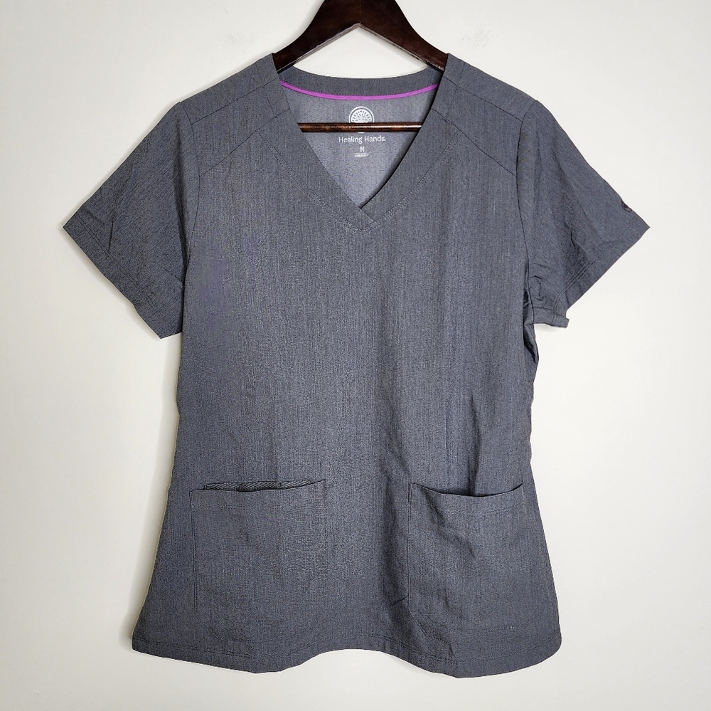 Healing Hands Gray Women's Multi Pocket Soft Stretch Workwear Scrub Top Med